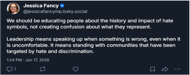 MP Fancy’s ‘leadership means speaking up’ post, June 17, 2026.
