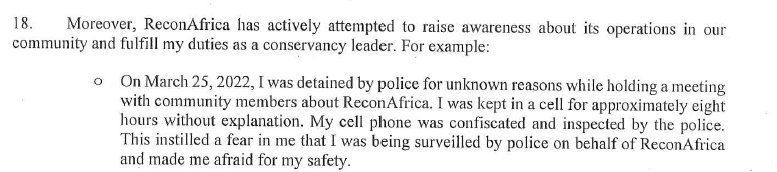 Sworn affidavit excerpt describing police detention of a community leader holding a meeting about ReconAfrica.