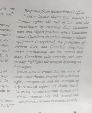 Response from MP Fancy’s office, published in The Masthead.