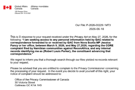 Global Affairs Canada response, Privacy Act file P-2026-00229, June 18, 2026.